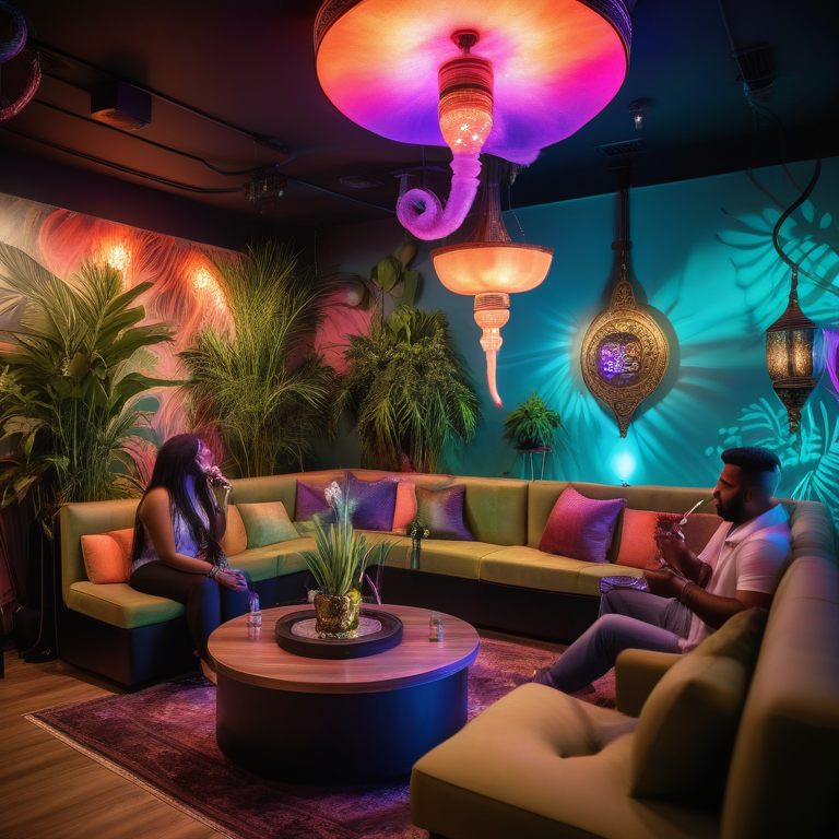 Patrons relax in the trendy Eden Hookah Lounge, with colorful lighting and smoke tendrils.